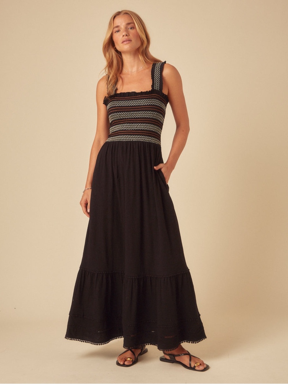 Nobodyโs Child | Black Embroidered Fifi Cotton Maxi Dress | Size 6